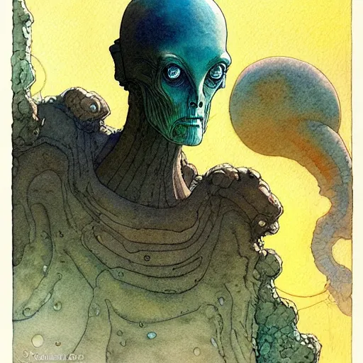Prompt: a simple and atmospheric watercolour portrait of a pulp sci - fi alien from another dimension, very muted colors, by rebecca guay, michael kaluta, charles vess and jean moebius giraud
