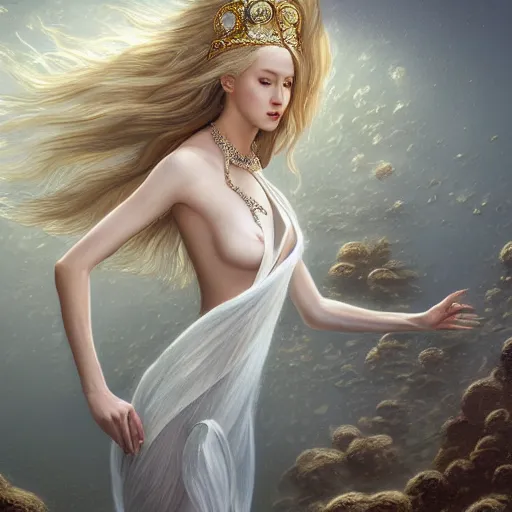 Image similar to breathtakingly detailed concept art painting portrait of a goddess floating on the sea floor, blond hair in a white sheer dress, full body, orthodox saint ornate background, by hsiao - ron cheng, very moody lighting, 8 k