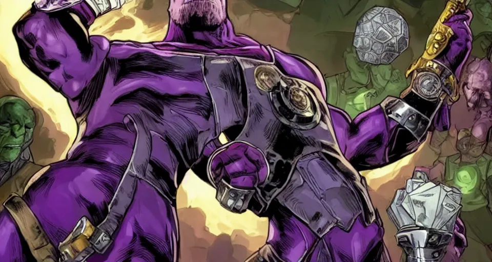Prompt: Thanos in a three piece suit about to take on the avengers detailed realistic d&d