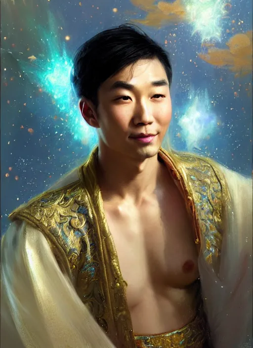 Prompt: young asian man, god of starlight, short flowing hair, modest flowing gown, smug expression, highly detailed painting by gaston bussiere, craig mullins, j. c. leyendecker 8 k, sparkling nebula