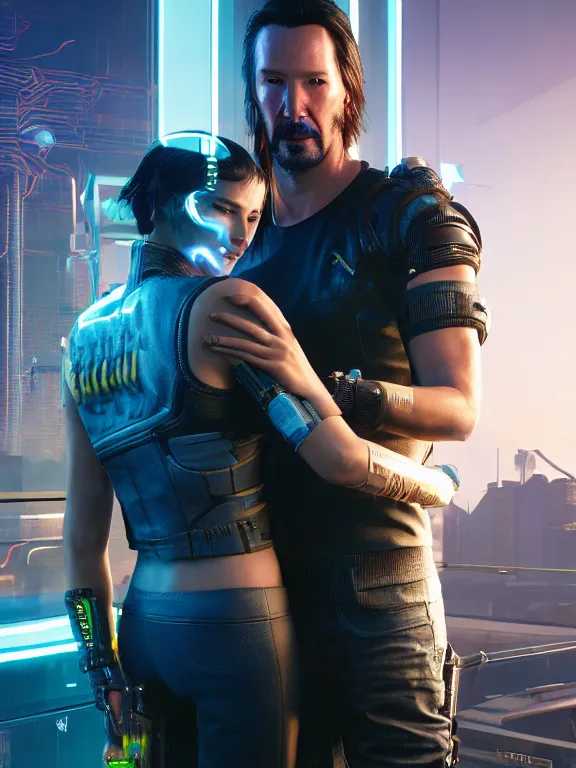 Image similar to a highly detailed photorealistic cyberpunk 2077 couple portrait of Keanu Reeves and female android,lots of electric cable behind,connected to giant computer,couple pose,love,fantasy, intricate, elegant,by Alex Horley and Greg Rutkowski,artstation,deviantart,FAN ART,Unreal Engine,Digital painting,face enhance,8K,golden ratio,cinematic lighting