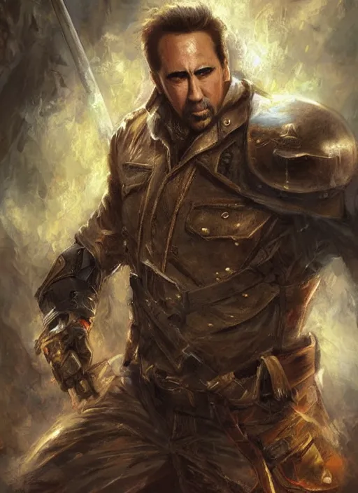 Image similar to highly realistic nicholas cage as a ranger painted by raymond swanland