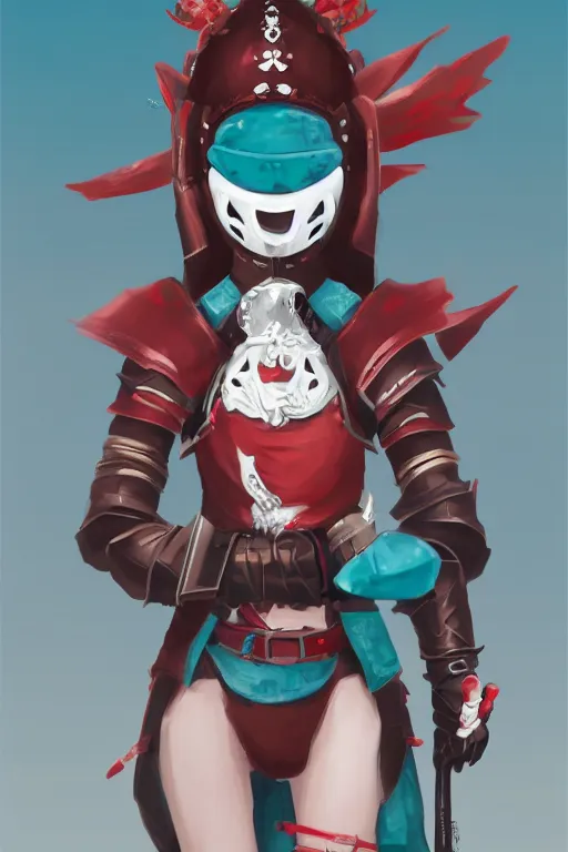 Image similar to female adventurer in tight full - body teal leather armor of japanese design with red accents and a white porcelain crow mask, trending in artstation, japanese, artstation, big moon in the background, establishing shot