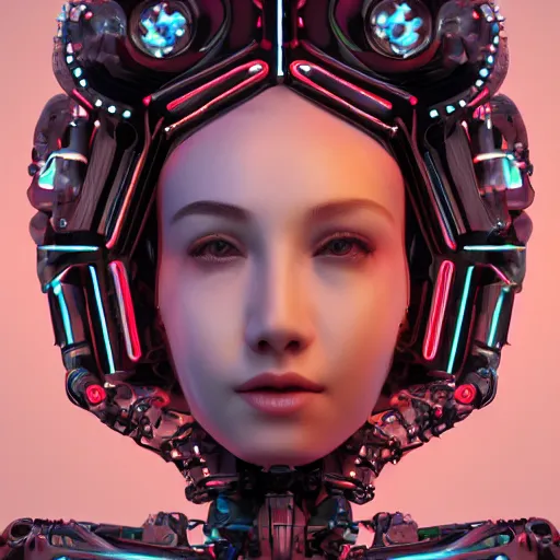 Image similar to an extremely beautiful biomechanical female robot with large emoji, twins, neon jacuzzi, oppai cyberpunk, chimeric organism, pale skin, organic polycarbon, full frontal portrait, highly detailed, transhumanist hydration, light bath, symmetrical, goddess, mendelbrot fractal, ray tracing, hyperdetailed, hyperrealistic, trending on artstation, octane render, hdr, uhd, in the style of trevor brown 4k