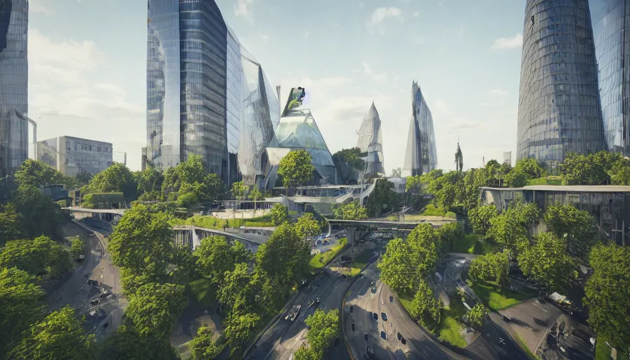 Prompt: futuristic berlin with glass dome towers, concrete constructions, green alley, trees, place, glass buildings, reichstag building, highways, roads, crowded city, hyperdetailed, artstation, cgsociety, 8 k