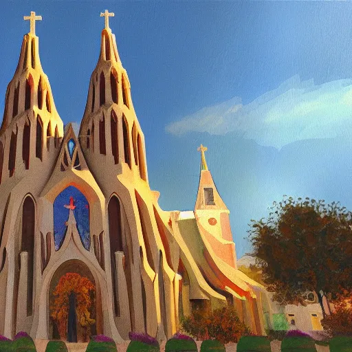 Image similar to a landscape painting of a church by Antoni Gaudí, trending on artstation