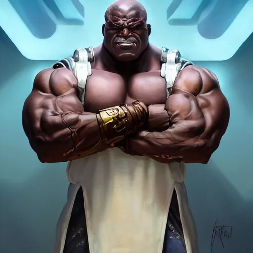 Image similar to science-fiction utopian character portrait of a huge muscular menacing Doomfist from Overwatch, white face paint, intricate, wild, highly detailed, digital painting, artstation, upper body, concept art, smooth, sharp focus, illustration, art by artgerm and greg rutkowski and alphonse mucha