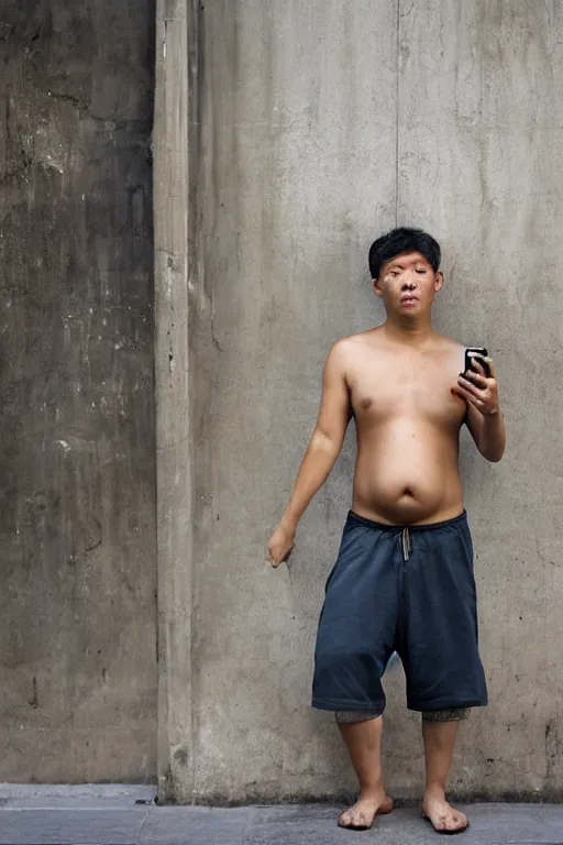 Image similar to Full-length portrait of a handsome!! young pregnant!! male on the streets of Hong Kong, with a big round belly, talking on his phone, wearing shorts, 2008, ultra detailed photograph, photographed by Annie Leibovitz and Steve McCurry