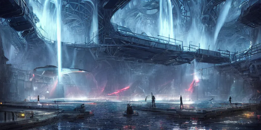 Image similar to alien spacecraft hovering over beautiful pool waterfalls surrounded by alien robots, steel archways with sparks flying off, industrial buildings, rusty metal towers, sun setting, ross tran, fantasy, james jean, peter morbacher, angelarium, alchemy, luxury, heavenly light, soft illumination, trending on artstation, cinematic lighting, digital painting, octane render