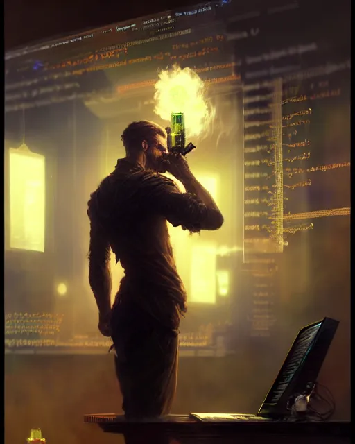 Image similar to programmer vaping staring at code on monitors in work from hope setup, pulp character portrait, ultra realistic, concept art, intricate details, highly detailed by greg rutkowski, gaston bussiere, craig mullins, simon bisley