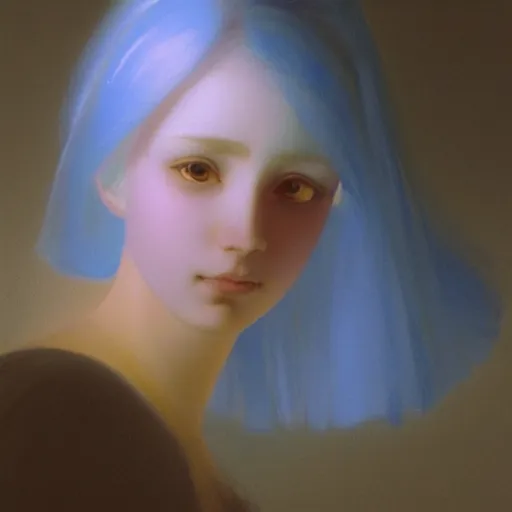 Image similar to a young woman's face, her hair is white and she wears a cobalt blue satin cloak, by ivan aivazovsky and syd mead and moebius and gaston bussiere and roger dean and pieter claesz and paul delaroche and alma tadema and aelbert cuyp, hyperrealistic, volumetric light, octane render