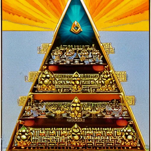 Image similar to a sadomasochistorya and gregarious pyramidal jewel, made of gold and jewels, majestic by john philip falter, trending on art deco tincture, trending on artstation the cosmic microwave