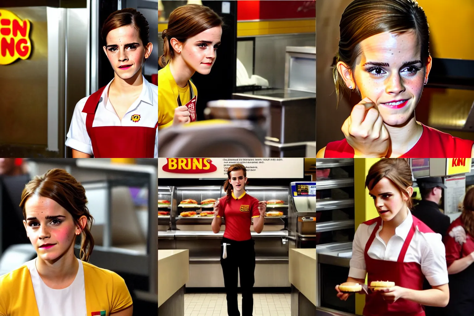 Image similar to a medium shot of Emma Watson as a Burger King employee working, annoyed facial expression, flash photography, candid photography