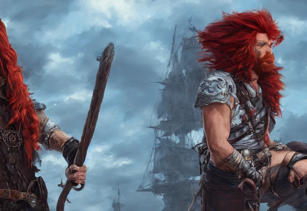 Prompt: character sheet : an epic fantasy comic book style portrait painting of a long haired, red headed male sky - pirate in front of an airship, unreal 5, daz, hyperrealistic, octane render, cosplay, rpg portrait, dynamic lighting