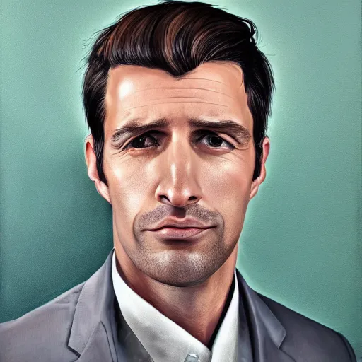 Prompt: handsome man of 3 9 years old, green eyes, light brown, good looking, wide round nose, mid long hair, in an office by david rutkowski, by artgem