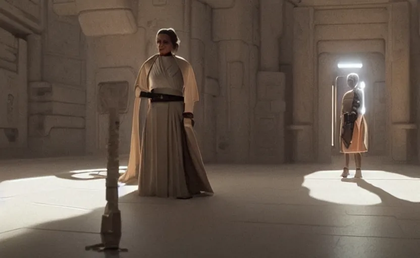 Image similar to portrait of Princess Leia alone at Jedi Temple scene from the last jedi, 2022, film by Stanley Kubrick, 4k serene, iconic , photoreal Carrie fischer, detailed stunning cinematography, hyper detailed, sharp, anamorphic lenses, kodak color film