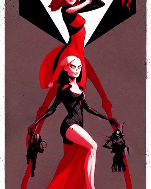 Image similar to rafael albuquerque comic art, peter mohrbacher, phil noto, artgerm, pretty evil elizabeth olson witch, black and red dress, symmetrical eyes