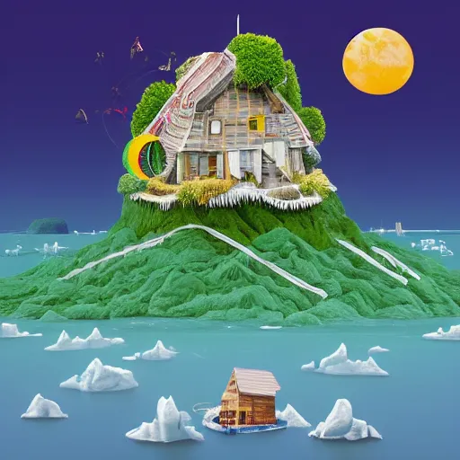 Image similar to a picture of a floating island with a house on it, an album cover by Justin Currie, polycount, plasticien, made of plastic, concert poster, made of trash