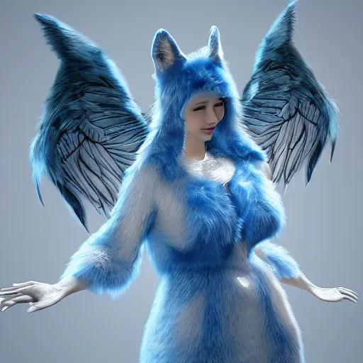Prompt: 3 d render, well toned, large, female anthropomorphic wolf with wings, blue fur and scales with white spots and wings on her back, icey blue dress, furr covering her chest.