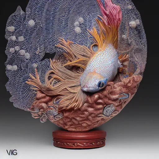 Image similar to a photo - real delicate ceramic porcelain sculpture of an ornate detailed betta fish in front of a intricate background by victo ngai and takato yamamoto, micro detail, backlit lighting, subsurface scattering, translucent, thin porcelain, octane renderer, colorful, physically based rendering, japanese pottery, trending on cgsociety