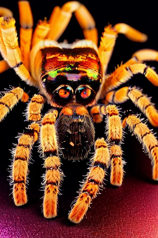 Prompt: high quality close-up photo rococo holographic tarantula! jewelled gorgeous! highly detailed david ligare elson peter cinematic orange neon lighting high quality low angle hd 8k sharp shallow depth of field