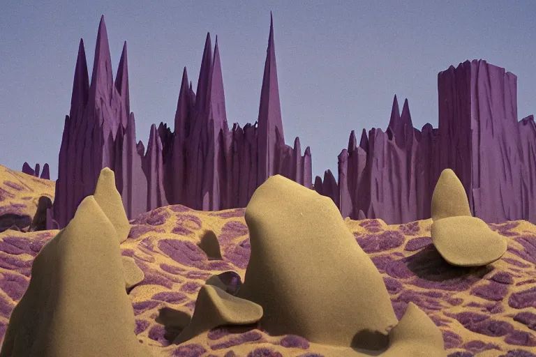 Image similar to purple hills made of liquid melted wax paper and red brutalist desert gothic cathedral