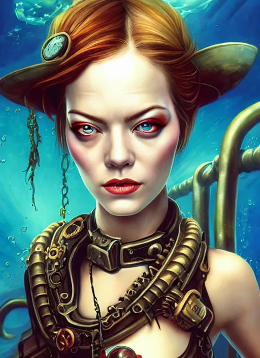 Image similar to underwater steampunk pirate portrait of emma stone, pixar style, by tristan eaton stanley artgerm and tom bagshaw.