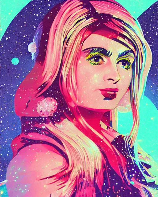 Prompt: a highly detailed and accurate pulp portrait of kim petras in space, 1 9 7 0 s, space station, neon light, delicate embellishments, woman art, painterly, offset printing technique