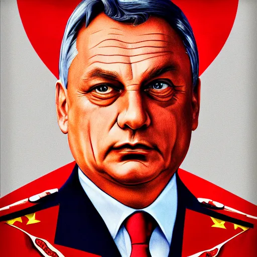 Image similar to portrait of hungarian prime minister viktor orban in uniform, hungary president election, soviet propaganda poster, hungarian flag in the background, colored, artgerm, highly detailed