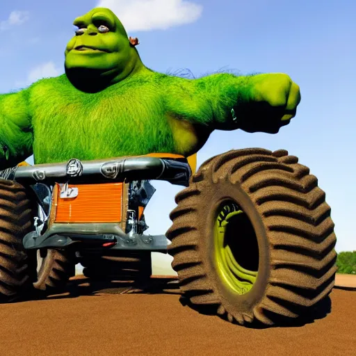 Image similar to shrek has transformed into a monster truck, shrek monster truck, high resolution photo, the shrek monster truck derby