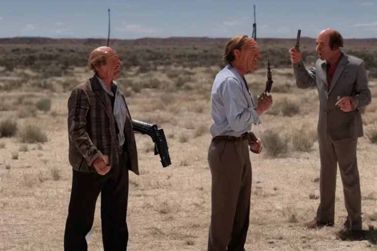 Image similar to extremely muscular Hector Salamanca shooting Saul Goodman, movie still, photorealistic, clean composition, real shot