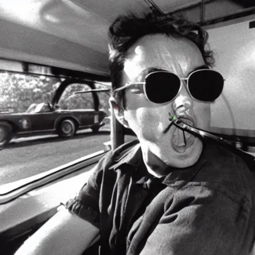 Image similar to gonzo reporter retro photo of drunked elon musk aka bus driver in bus, fear and loathing in las vegas style, by hunter thompson