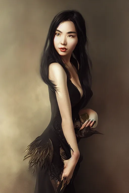 Image similar to photorealistic portrait of a dark mystical goddess wearing a qipao dress, environmental, fantasy, atmospheric, hyper realistic, artstation, art by artgerm, andres rodriguez and john william waterhouse