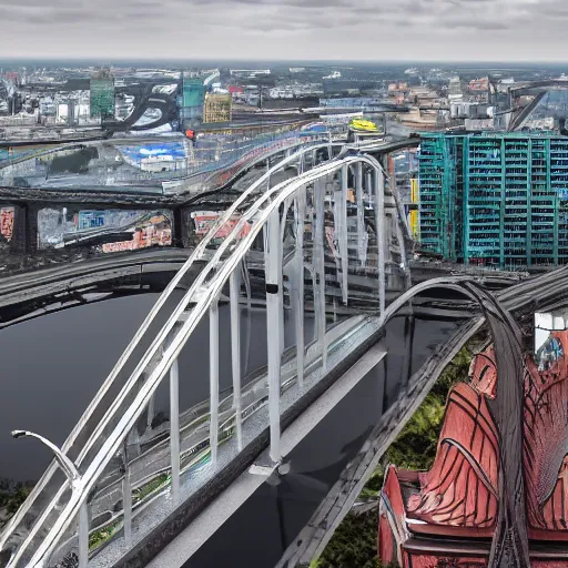 Prompt: view on vansu bridge in riga in year 2 1 0 0, futuristic, cyberpunk