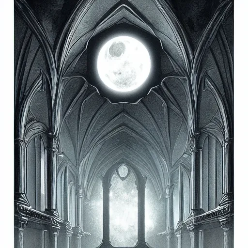 Prompt: large gothic hall with large eyes on the ceiling, horror movie, moonlight, artstation, detailed, colorfull, futuristic