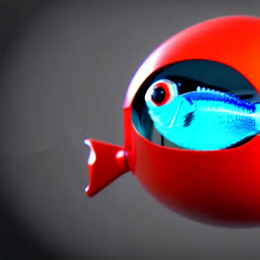 Image similar to robot bowl fish with a fish inside of it, photorealistic 3 d render, unreal engine