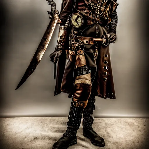 Prompt: photo of a real-life steampunk vampire warrior, wide shot,