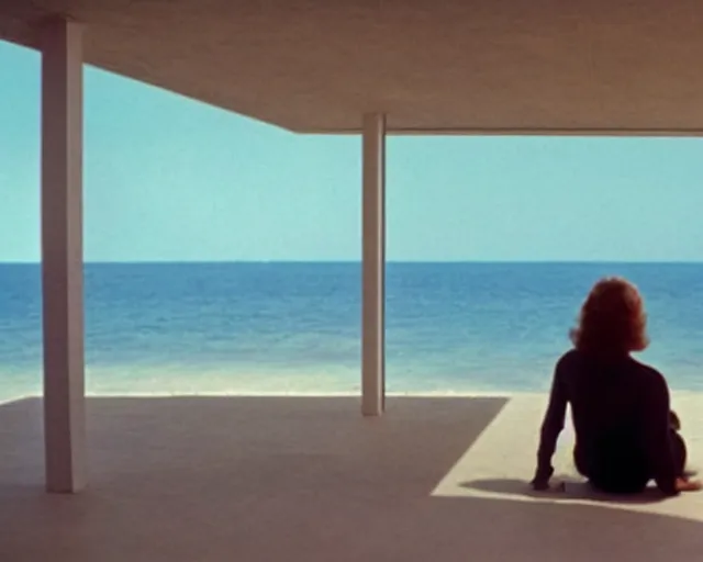 Prompt: a still of a young woman looking out from a huge concrete white deck of a minimalist beach house, outside view, low angle, clear sky and background, in the music video Wrapped Around your Finger (1983)