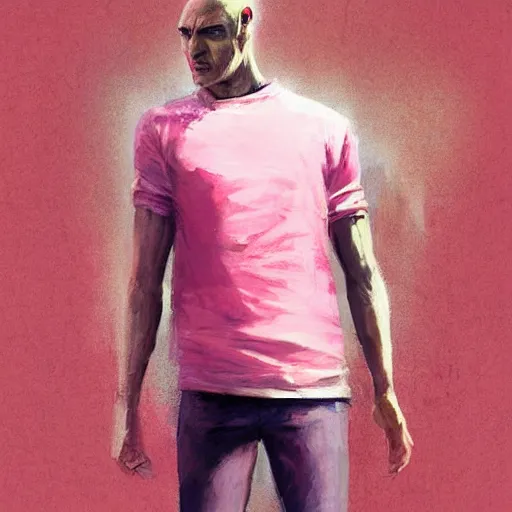 Image similar to bald skinny man in a pink t - shirt and pink pants, digital art, by greg rutkowski