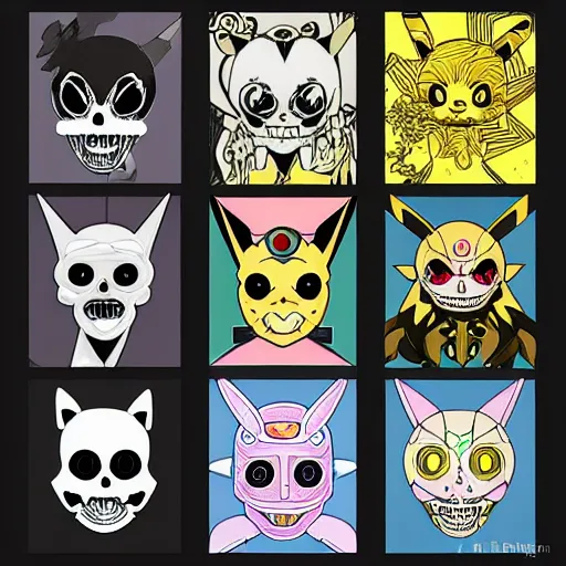 Image similar to anime manga skull portrait pikachu animal pokemon cartoon skeleton illustration style by Alphonse Mucha pop art nouveau