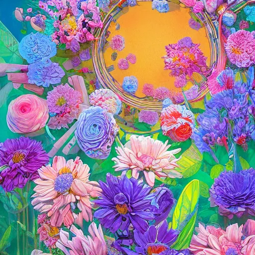 Prompt: a messy group of flowers, flowers with very long petals, summer sunlight, hard light and long shadows, neon glowing, vivid, detailed painting, by James Jean and Ross Tran, masterpiece, award winning painting