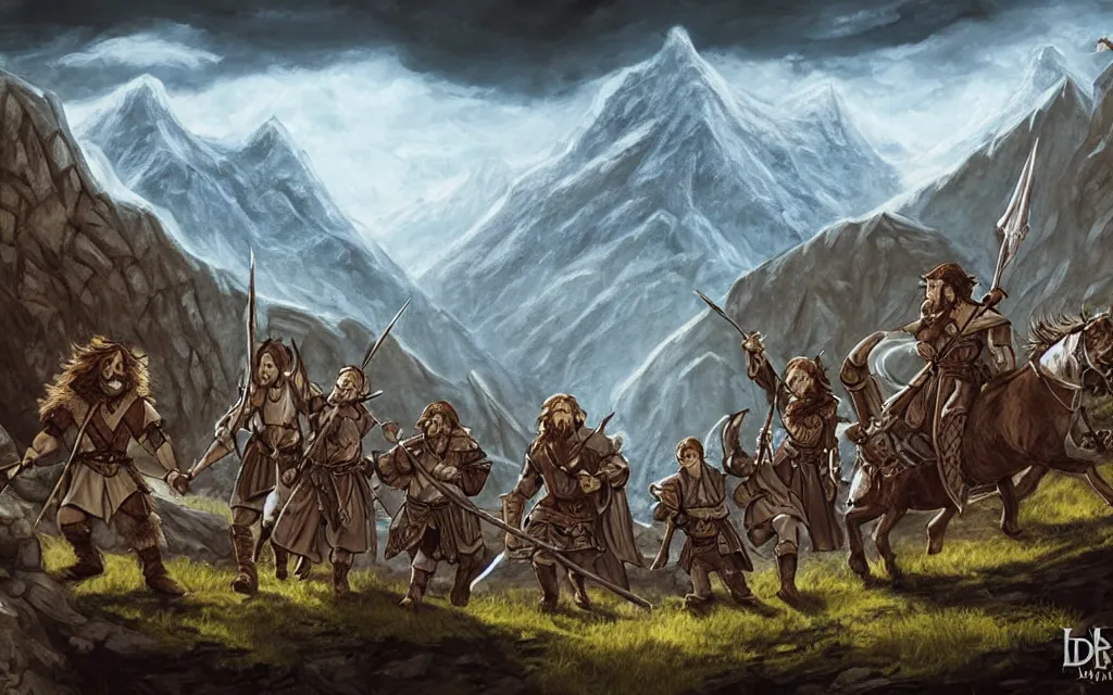 Image similar to DnD party adventuring across vast rugged mountain range, LOTR fantasy illustration