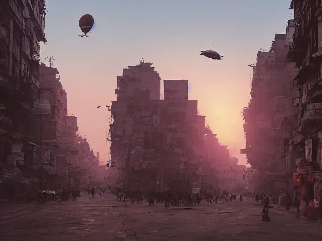 Prompt: streets of delhi, sunset, airship in the sky, clear skies in the distance, hyperreal, artstation