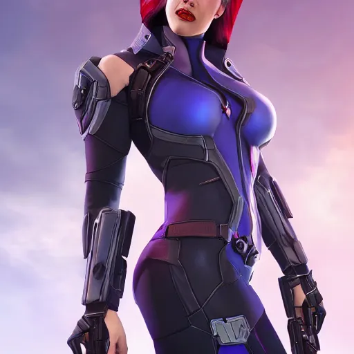 Image similar to scarlet johanson as widowmaker from overwatch, realistic, 4 k, coherent