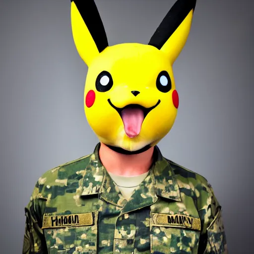 Prompt: a man cosplaying as military commander pikachu, photography, high definition