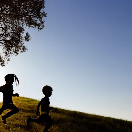 Image similar to two silhouetted children running across a hilltop with with one oak tree at far right of picture. A sun-filled dusk sky backdrop. photo by annie Liebowitz