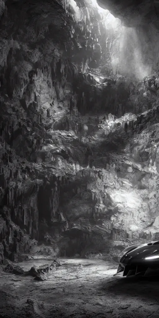 Image similar to the batmobile standing in a very dark and wet cave. highly detailed. intricate. mist. atmospheric. rim light. photorealistic. 8 k. monochrome. rays of light filling the cave. cinematic. matte painting. cinema 4 d. octane render. imagined by ash thorp. ambient occlusion. global illumination.