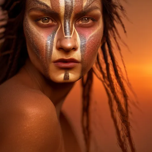 Image similar to photographic portrait of a stunningly beautiful renaissance female with tribal makeup in soft dreamy light at sunset, contemporary fashion shoot, by edward robert hughes, annie leibovitz and steve mccurry, david lazar, jimmy nelsson, breathtaking, 8 k resolution, extremely detailed, beautiful, establishing shot, artistic, hyperrealistic, beautiful face, octane render