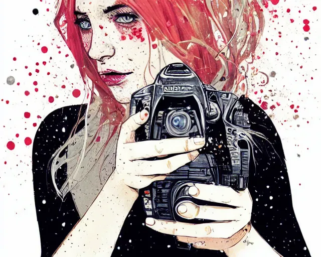 Image similar to pale young woman with bright blonde hair, freckles, gray eyes and a wide face, flowery dress, she is holding a professional dslr camera close to her face with one hand, dramatic lighting, bright flare, expressive, surrealist art by conrad roset