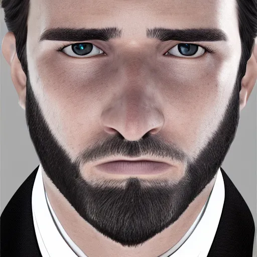 Image similar to a highly detailed portrait of a man, with a brown short beard and hair, blue eyes, wearing a tuxedo, artstation, deviantart, professional, unreal engine 5, photorealistic